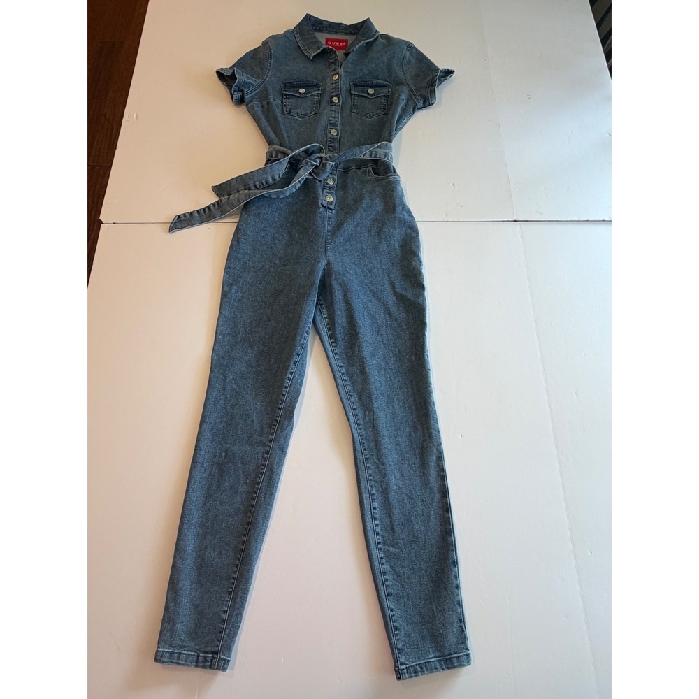 Guess Los Angeles Womens Blue Denim Short Sleeve Belted Skinny Jumpsuit S